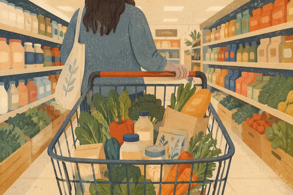 Grocery Cart in Bright Supermarket Aisle