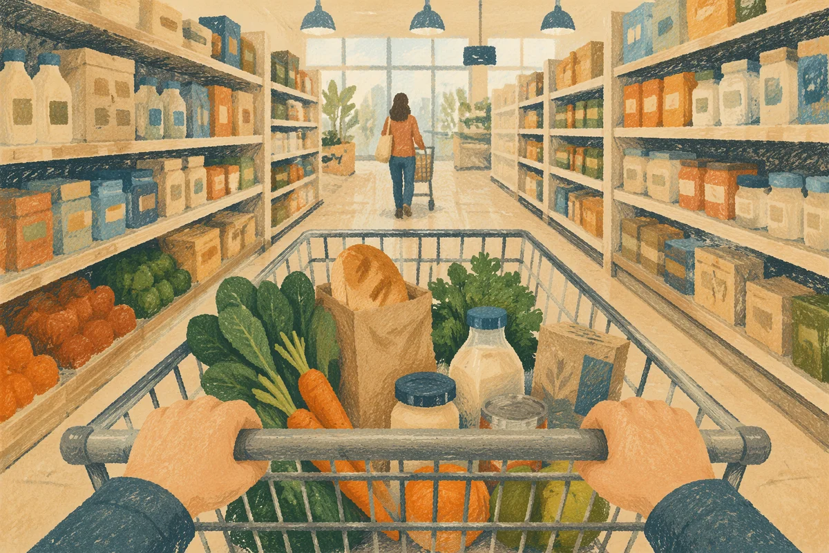 Grocery Cart Rolling Through Supermarket Aisle