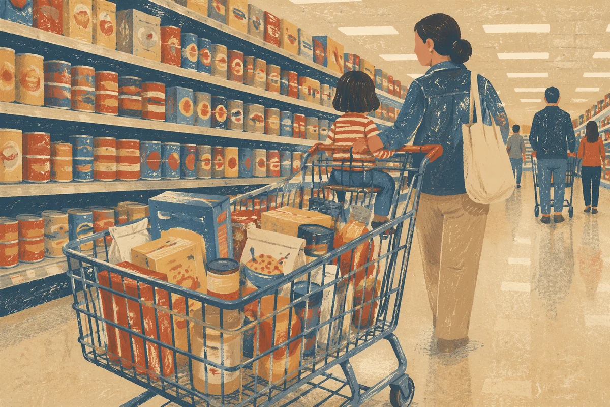 Family Grocery Cart in Supermarket Aisle