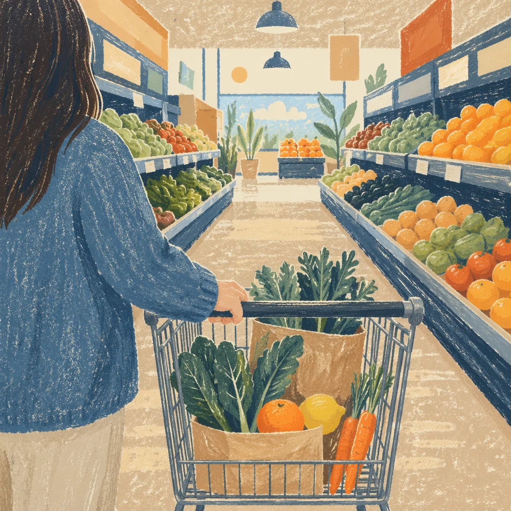 Shopping Cart in Bright Produce Aisle