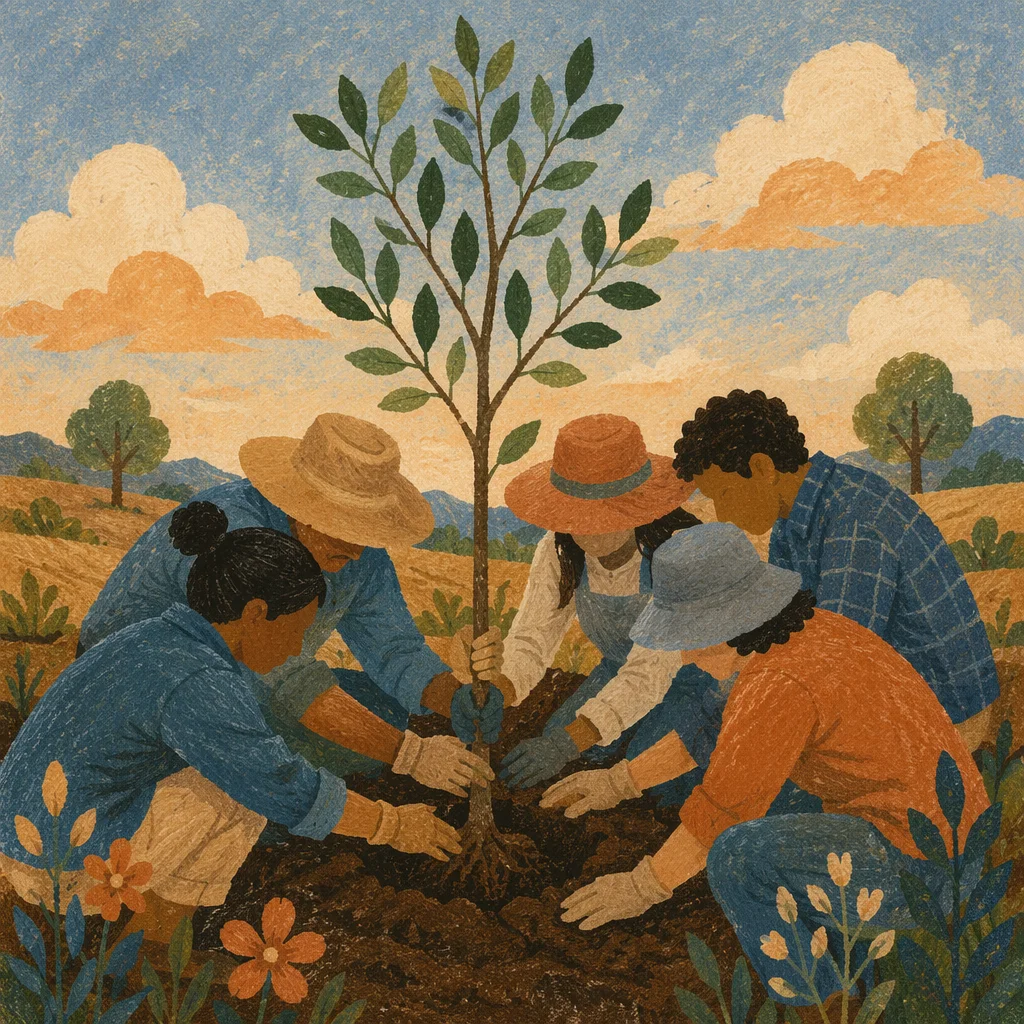 Volunteers Planting Young Tree at Dusk
