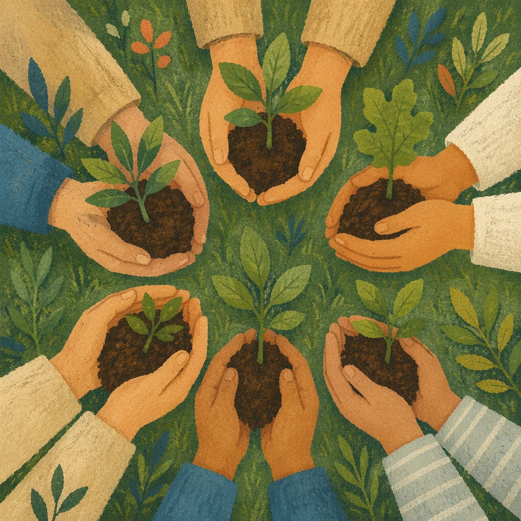 Community Hands Planting Young Trees Together