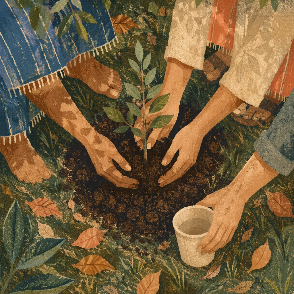 Hands Planting Young Tree in Garden Soil