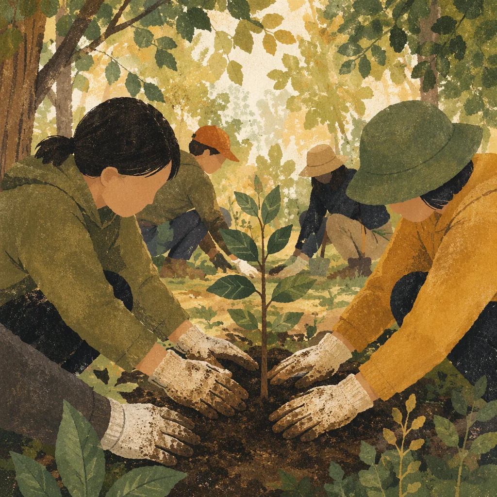 Volunteers Planting Sapling in Woodland Clearing