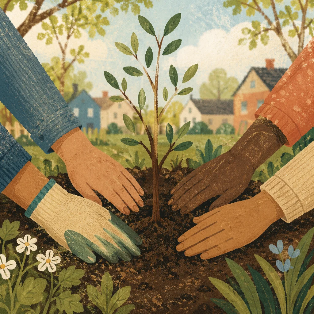 Community Hands Planting a Young Tree