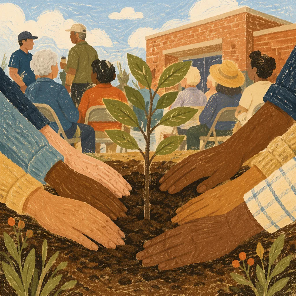 Community Hands Planting a Young Tree