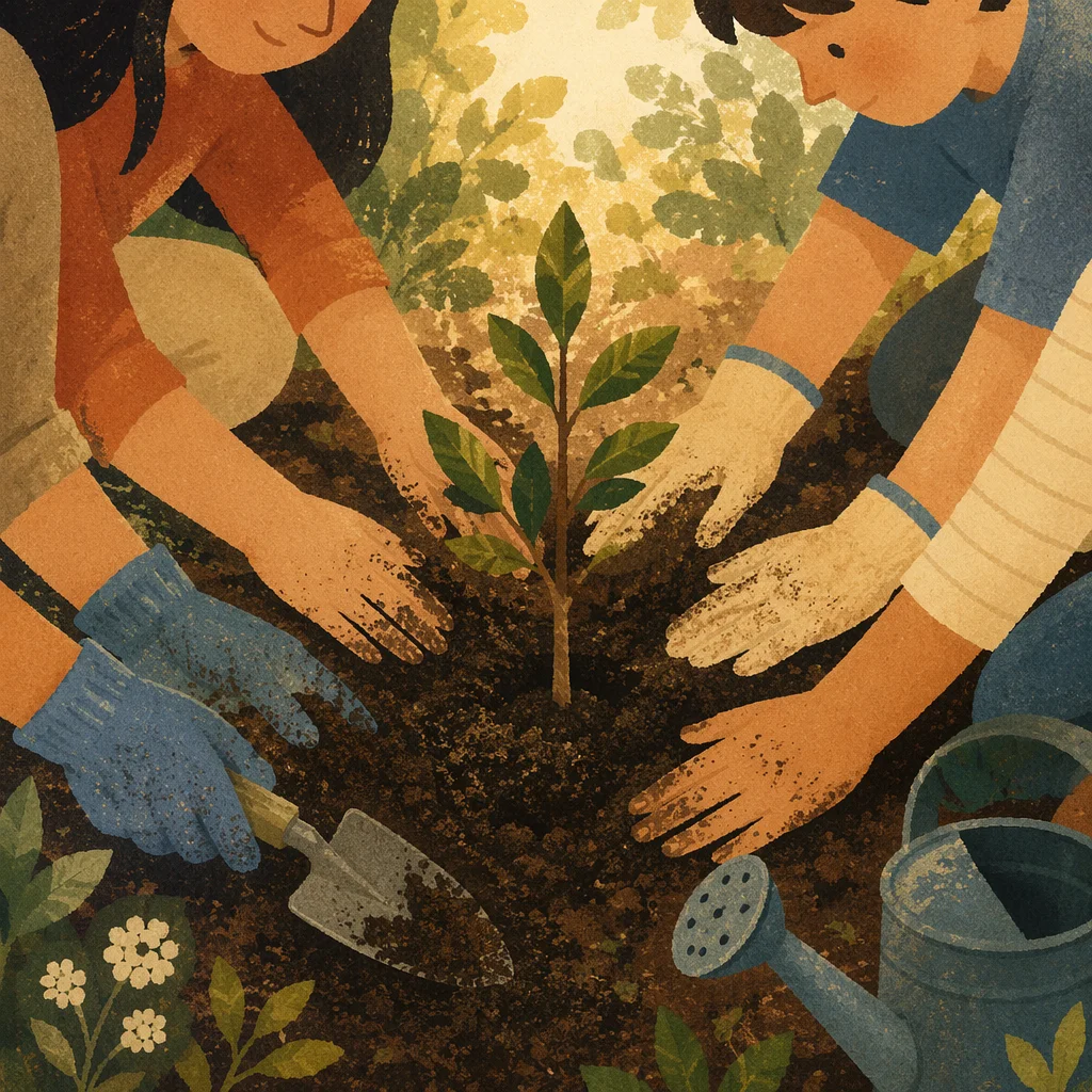 Hands Planting Sapling in Community Garden