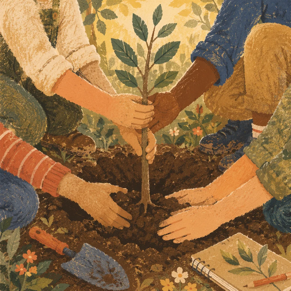 Hands Planting Sapling in Community Garden