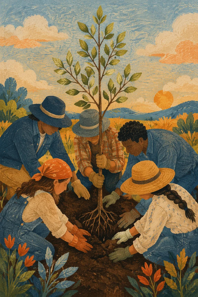 Community Hands Planting Young Tree at Dusk