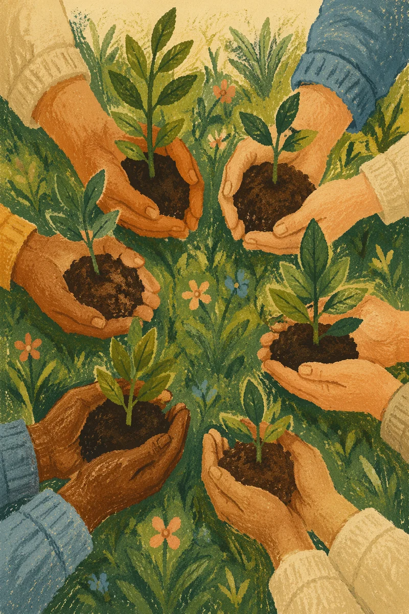 Community Hands Planting Young Trees Together