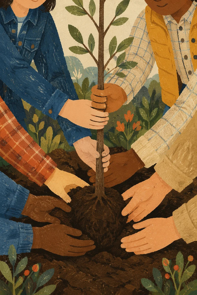 Community Hands Planting a Young Tree