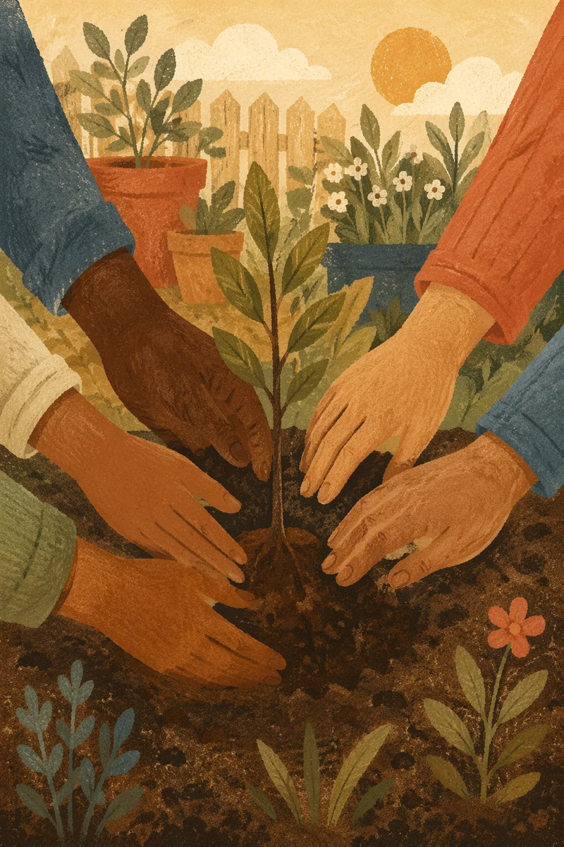 Community Hands Planting a Young Sapling