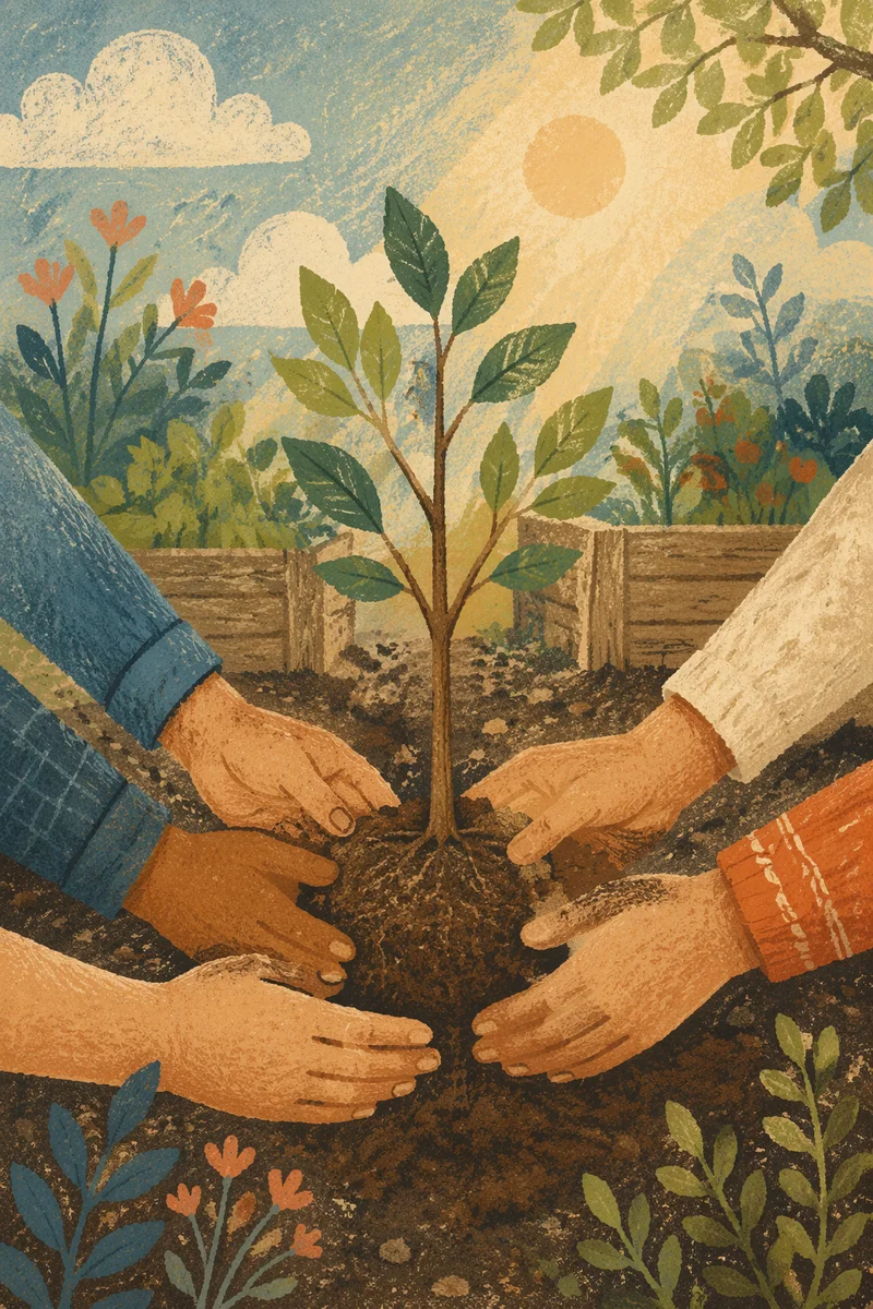 Hands Planting Young Tree in Community Garden