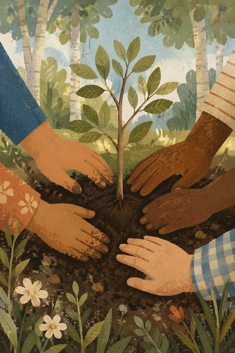 Diverse Hands Planting Sapling in Sunlit Grove