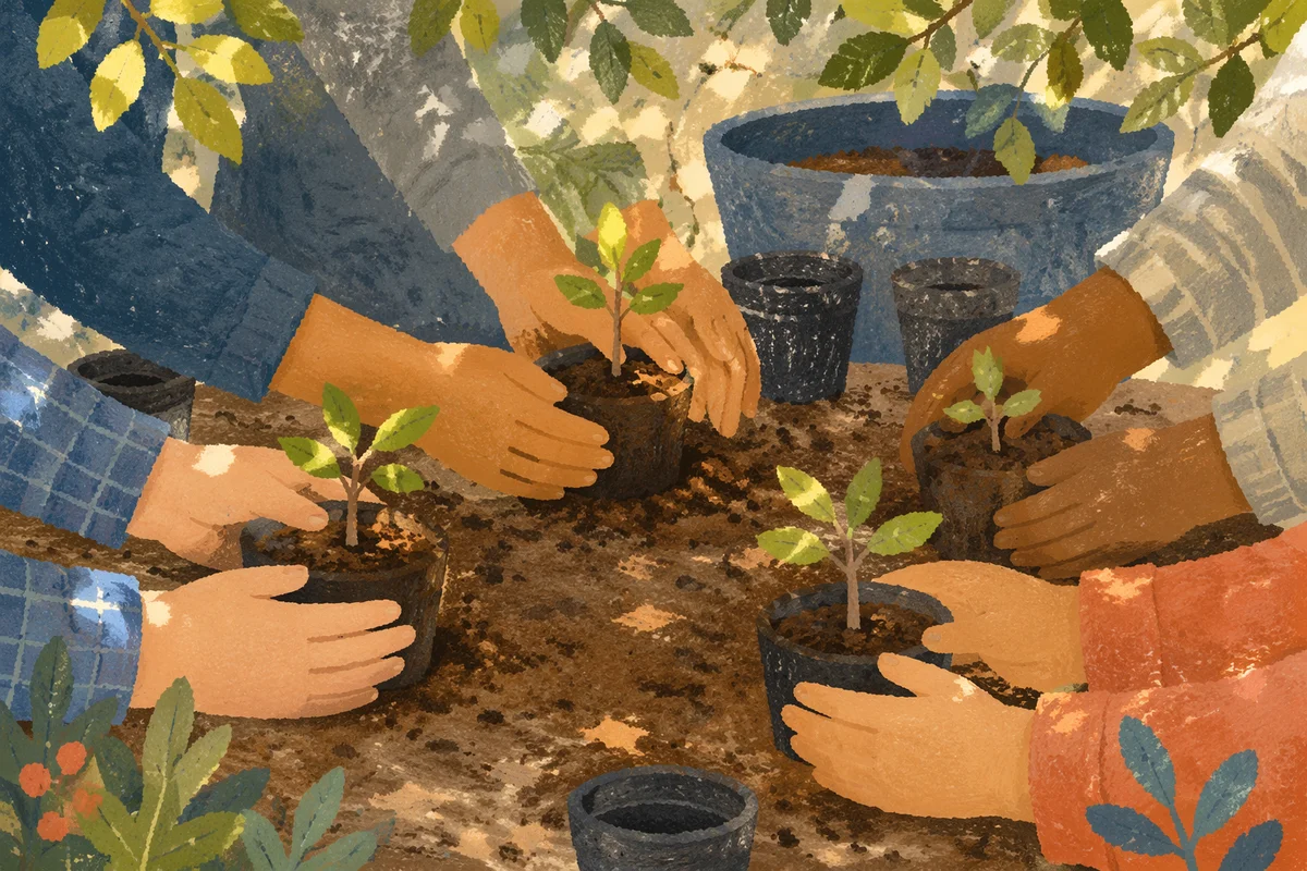 Hands Planting Tree Seedlings Together