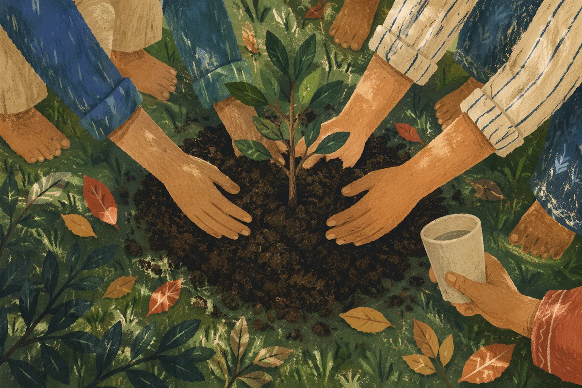 Hands Together Planting a Young Tree
