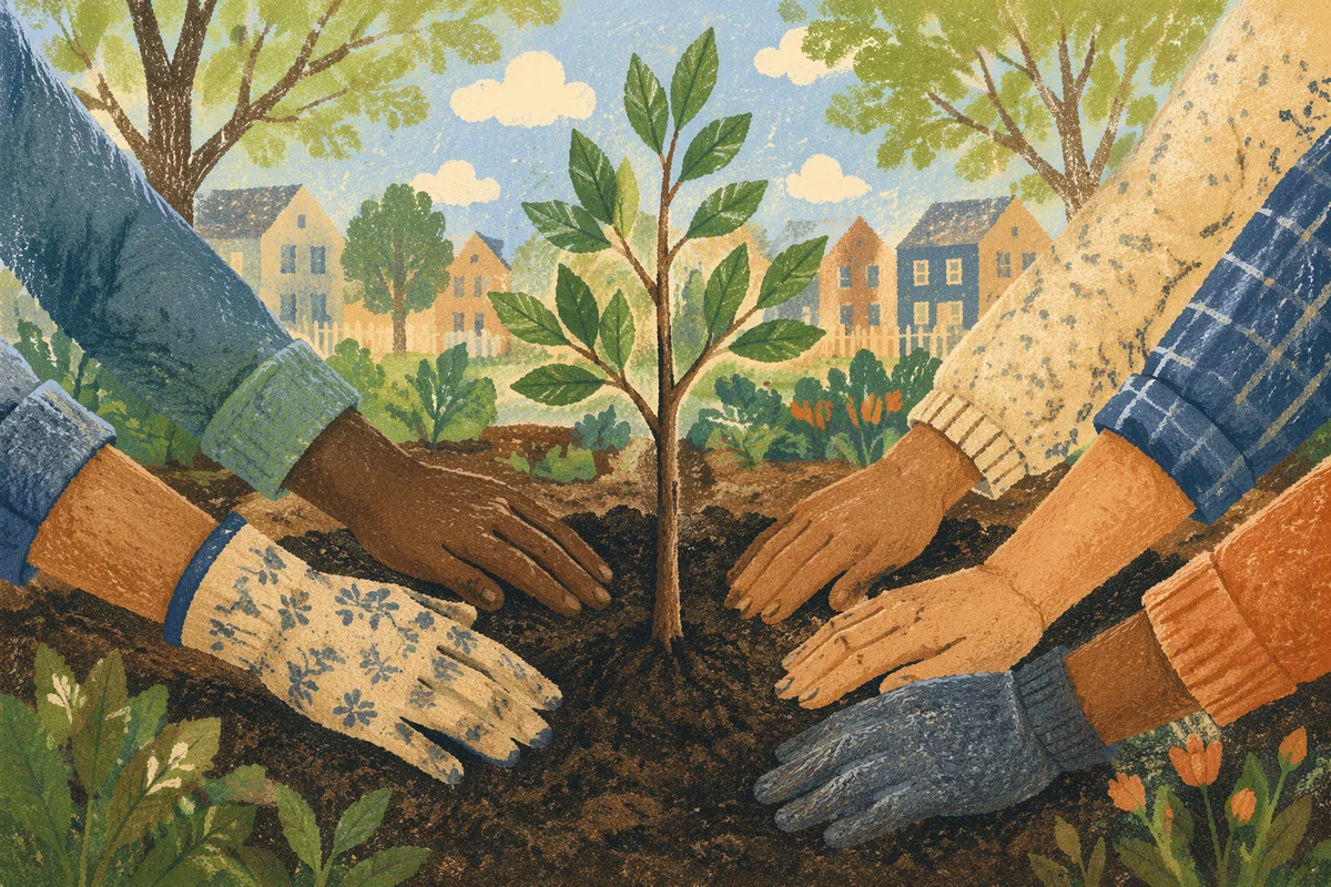 Community Hands Planting Young Tree Together