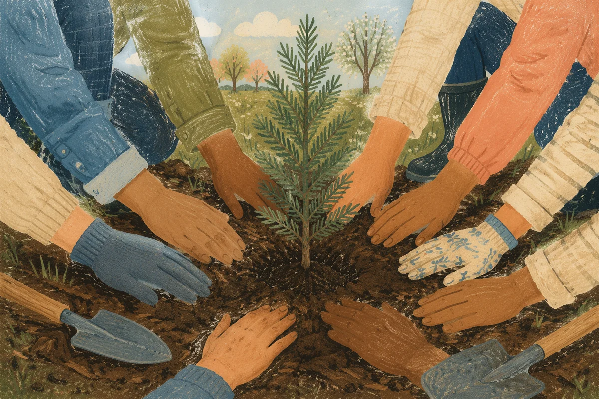 Community Hands Planting Evergreen Sapling