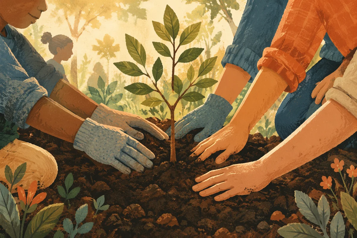 Community Hands Planting a Young Tree