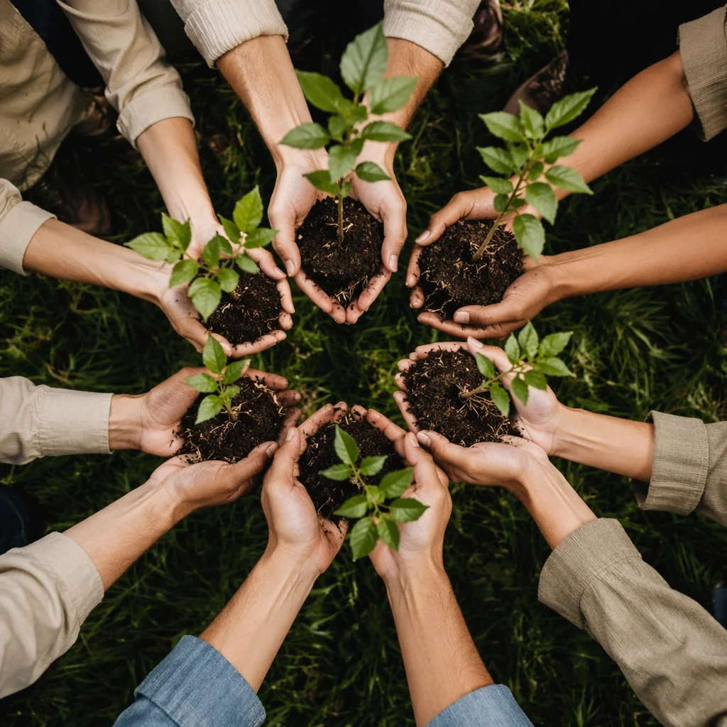 Community Hands Planting Young Trees Together