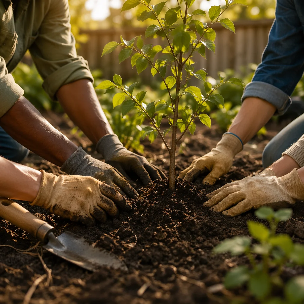 Community Hands Planting Young Tree Together
