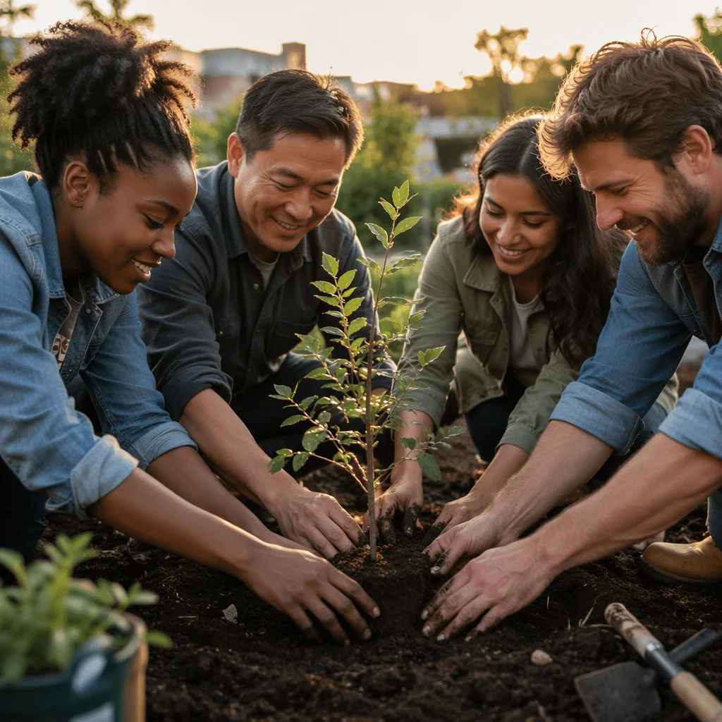 Community Hands Planting a Young Tree
