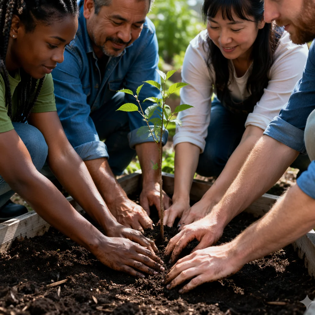 Hands Planting Sapling in Community Garden