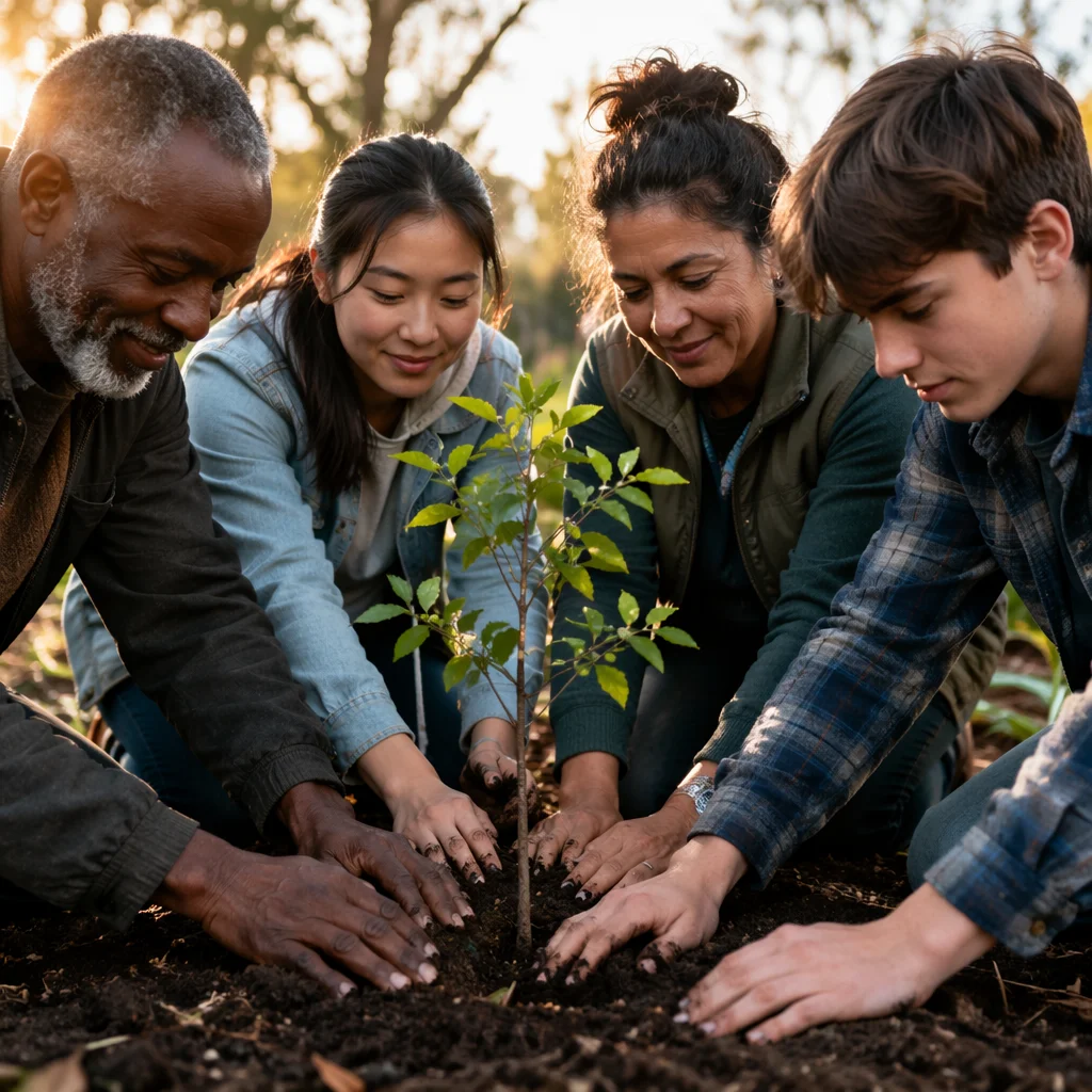 Hands Planting Young Sapling in Garden