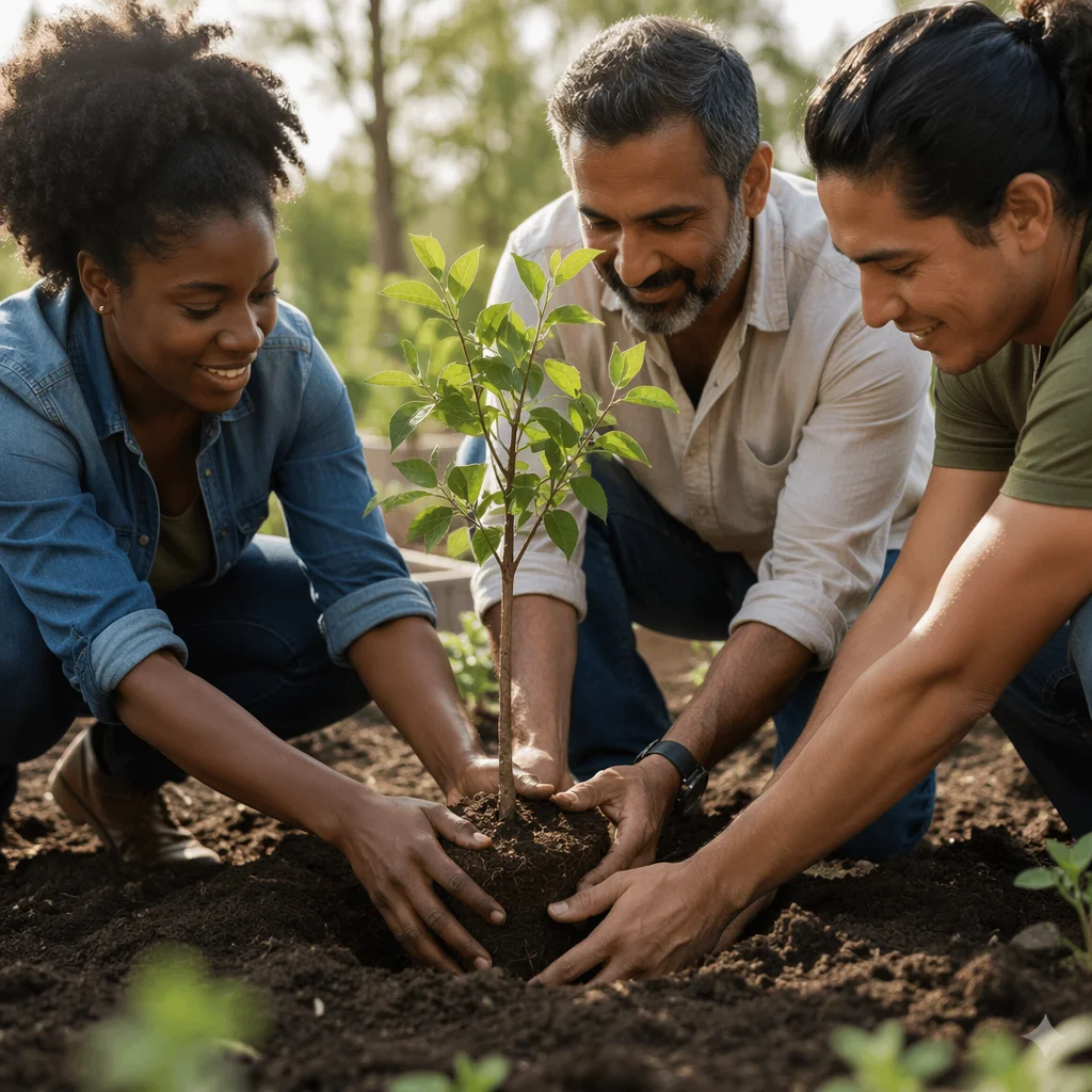 Hands Planting Young Tree Together