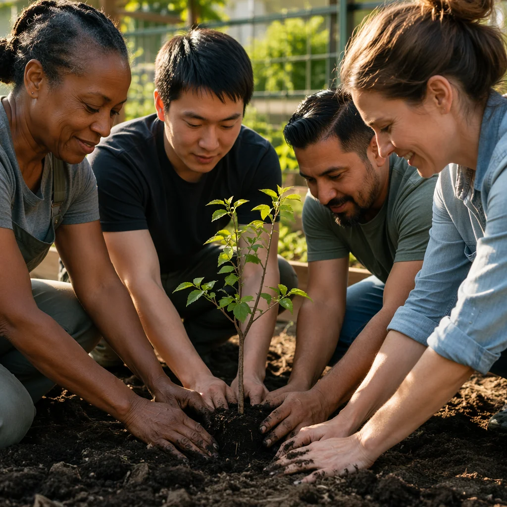 Group Planting Young Tree in Garden