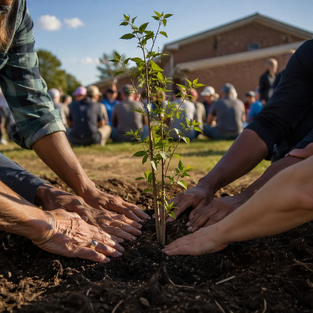 Community Hands Planting a Young Sapling