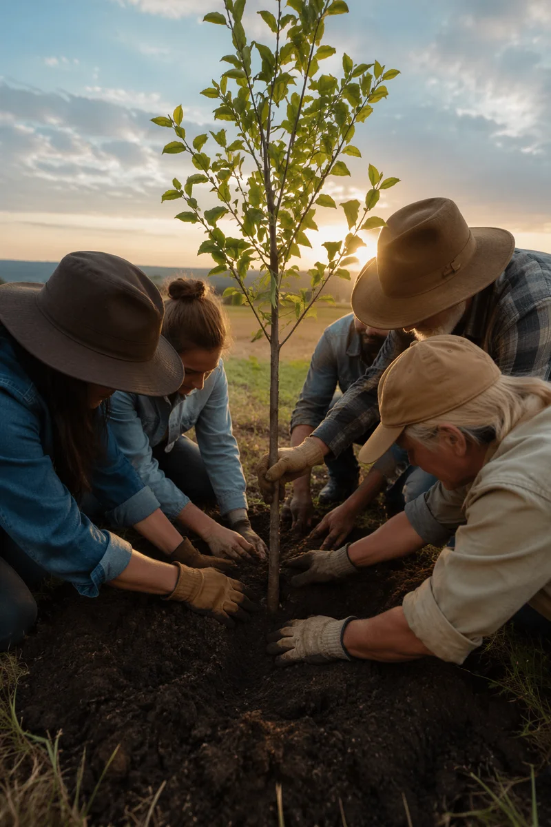 Volunteers Planting Young Tree at Golden Hour