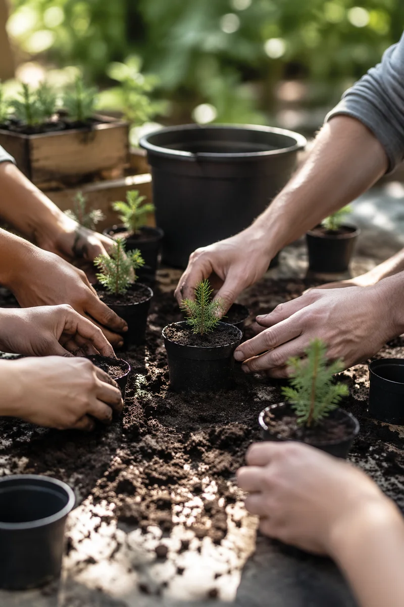 Community Hands Planting Young Tree Seedlings