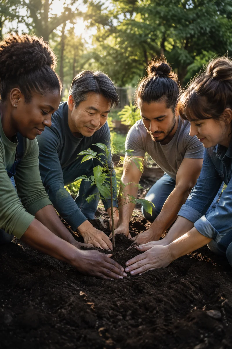 Community Group Planting Young Tree Together
