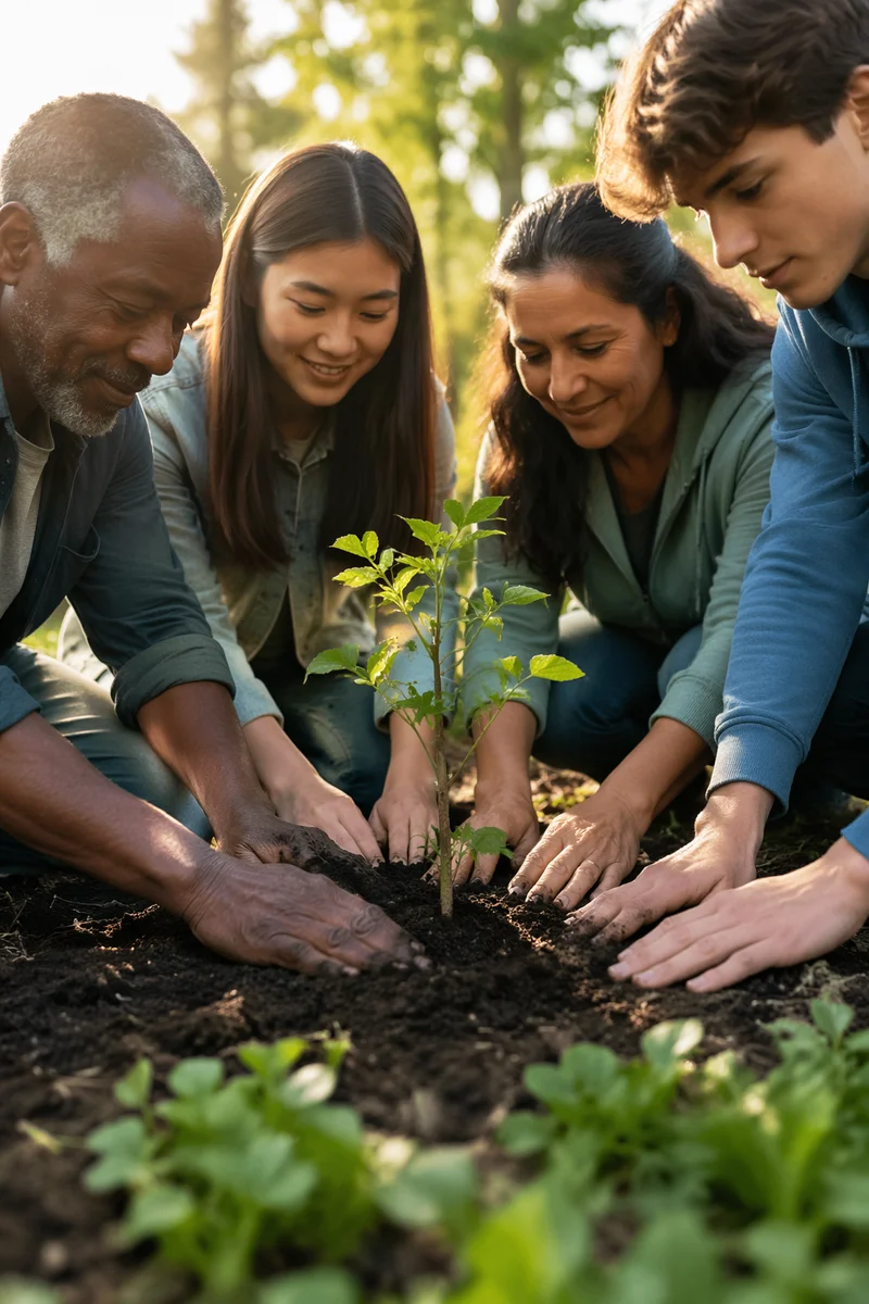 Hands Planting Young Tree in Garden