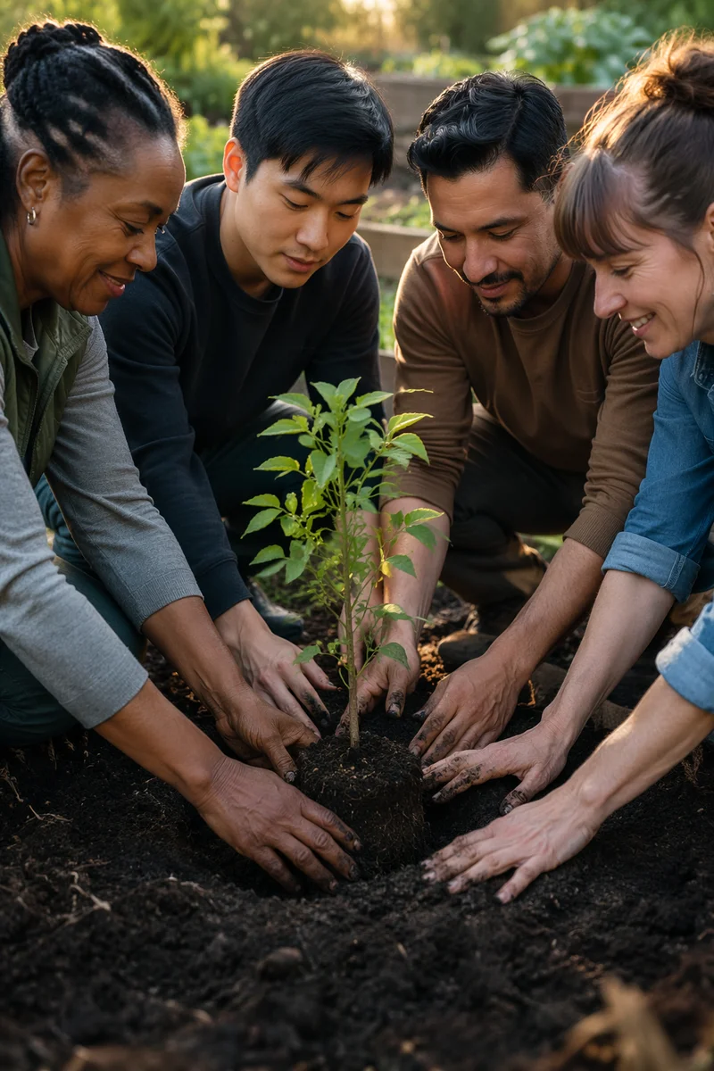 Group Planting Young Tree in Garden