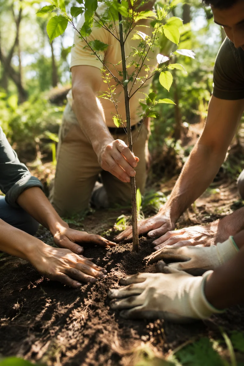 Volunteer Hands Planting Young Tree Together