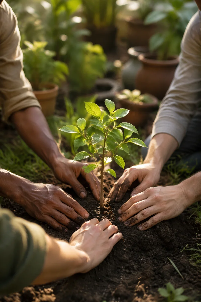Diverse Hands Planting a Young Sapling