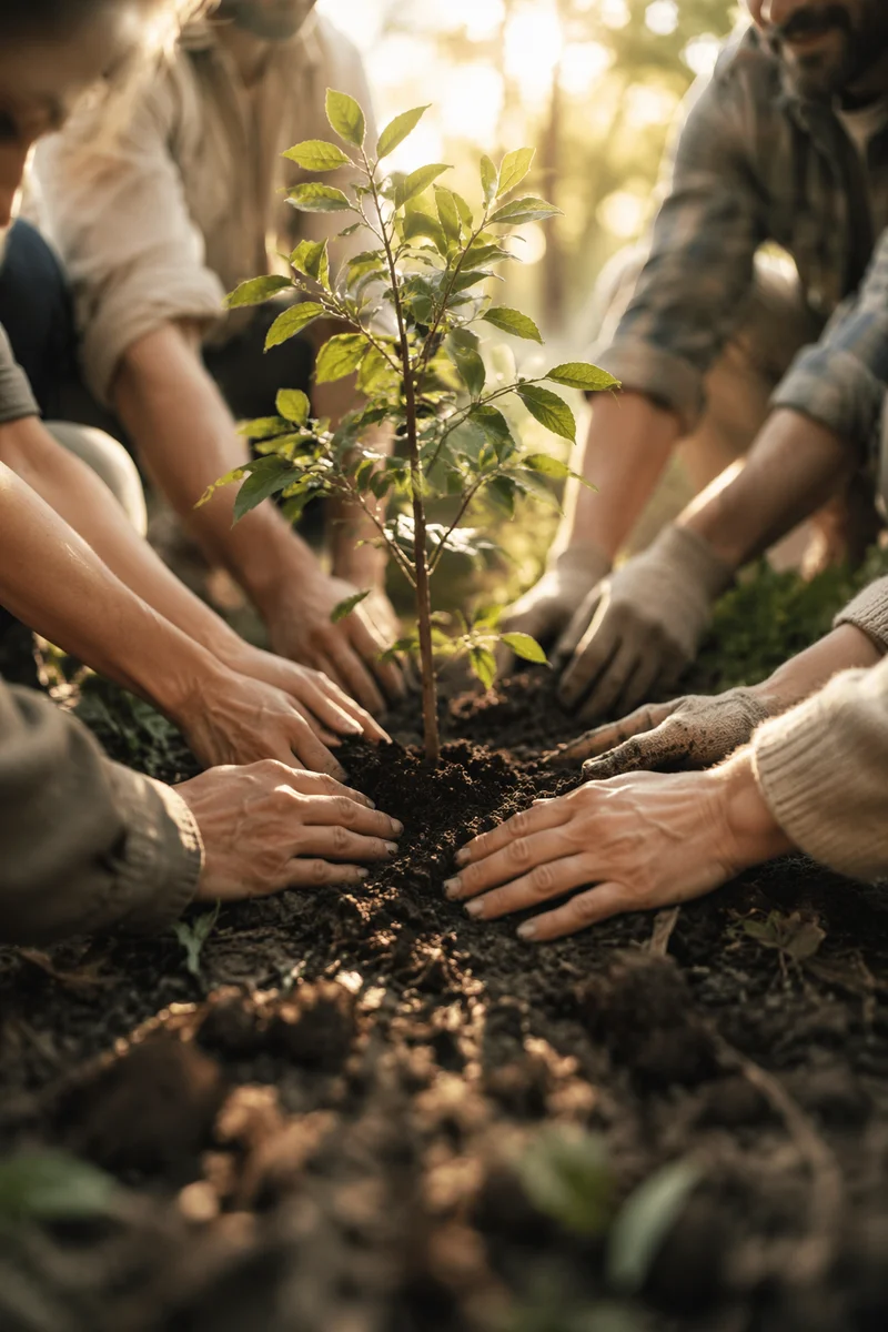 Hands Planting Sapling in Community Garden