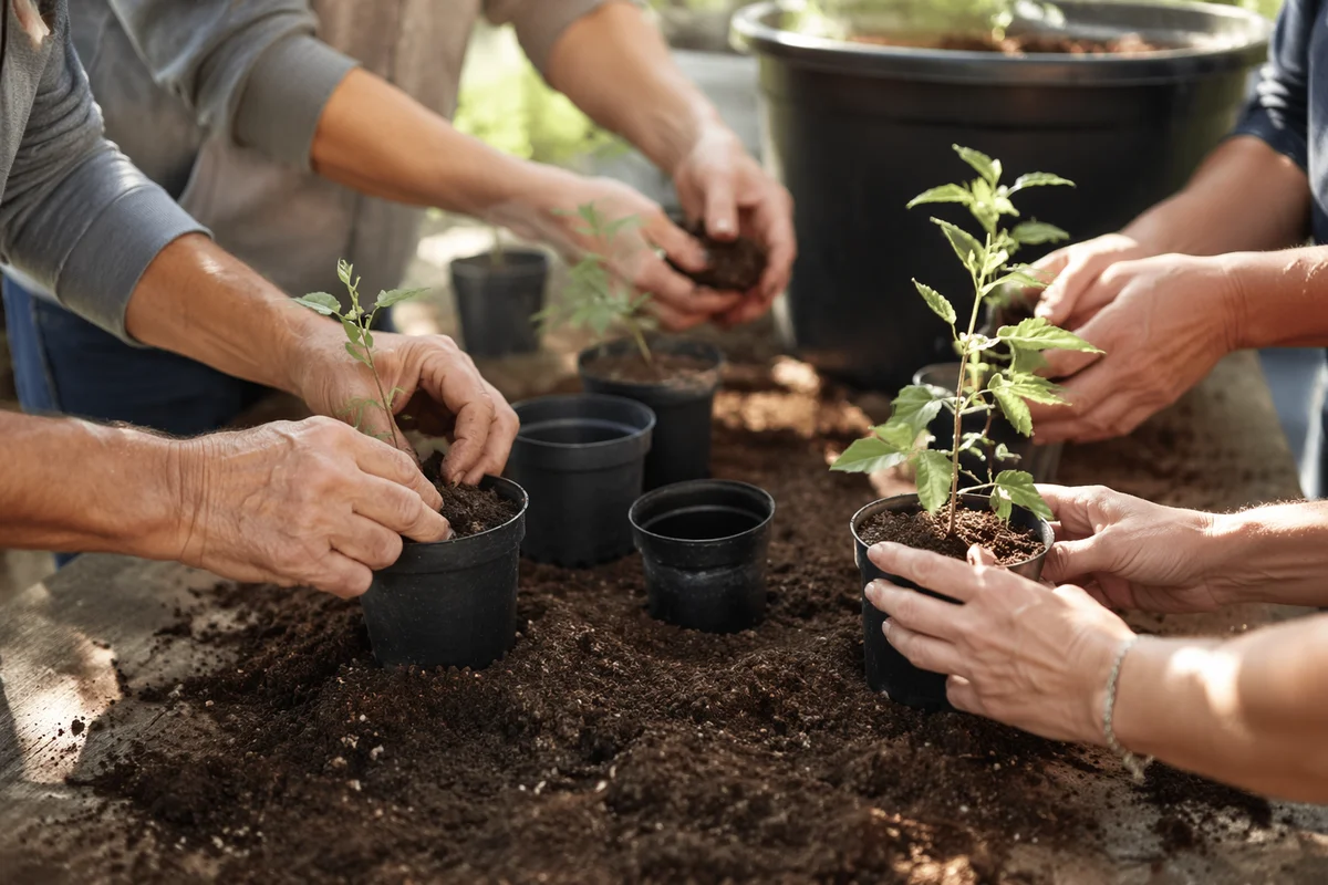 Collaborative Hands Planting Young Tree Seedlings
