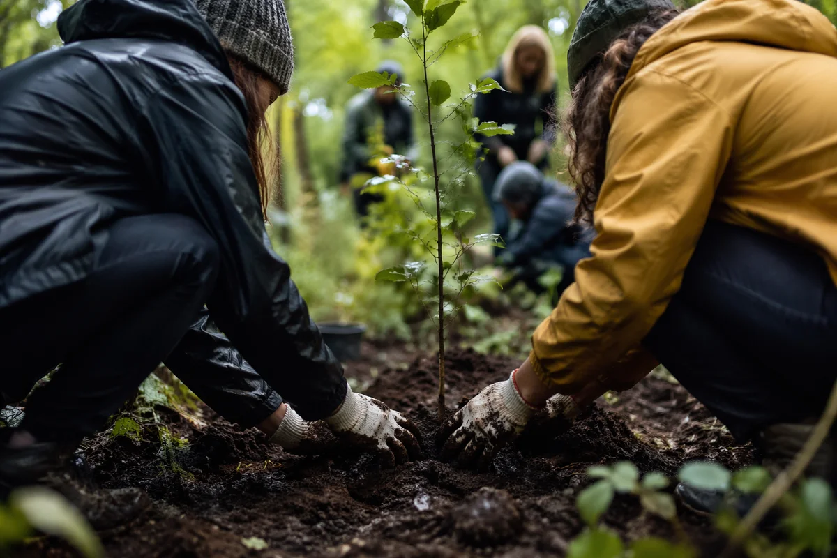 Volunteers Planting Sapling in Woodland Garden