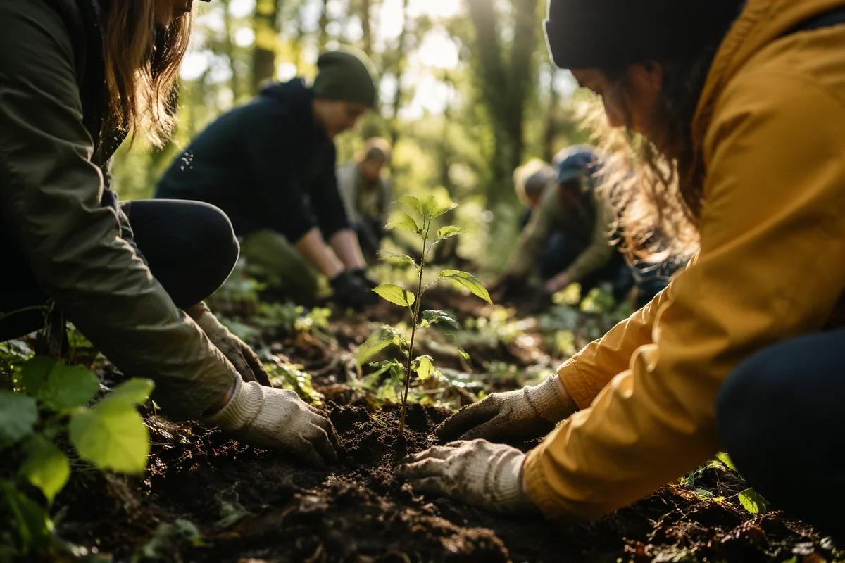 Volunteers Planting Sapling in Woodland Clearing
