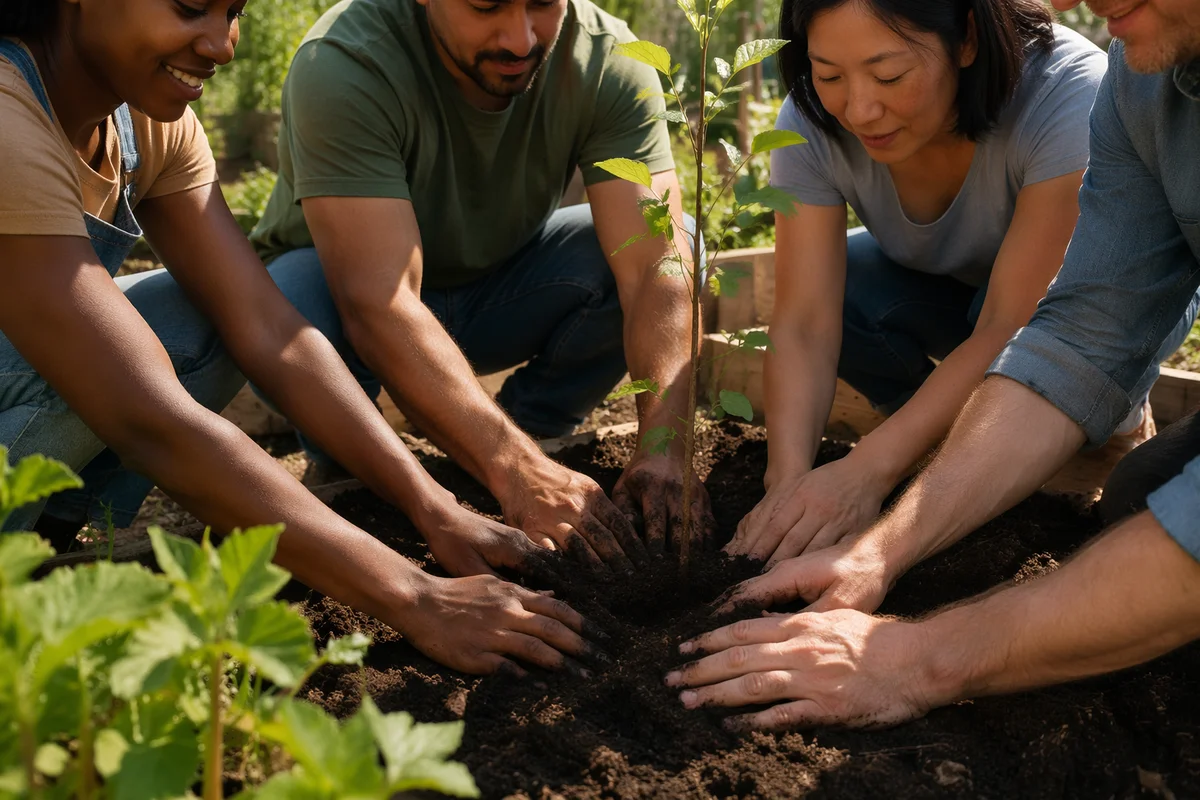 Hands Planting Young Sapling in Garden
