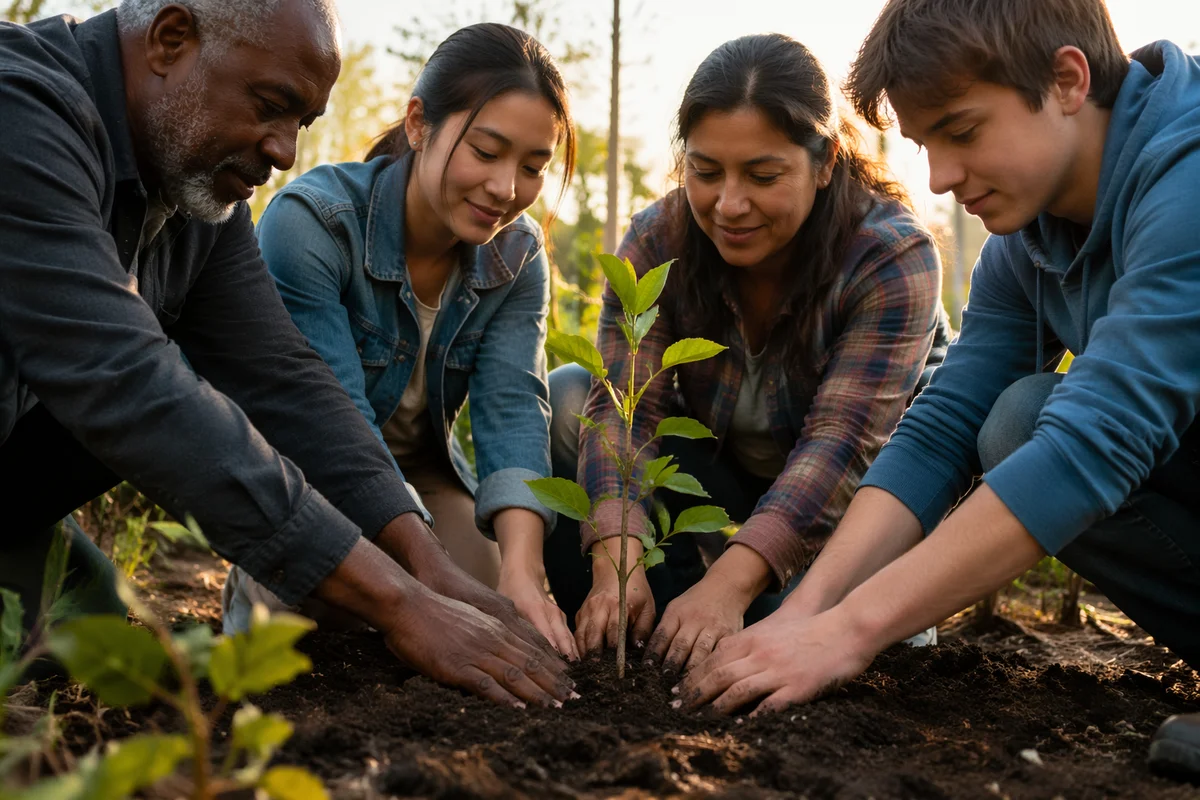 Hands Planting Young Sapling in Garden