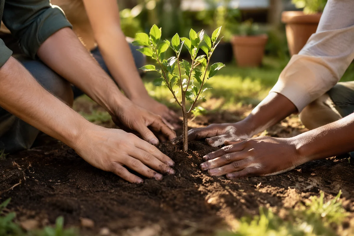 Diverse Hands Planting Sapling Together