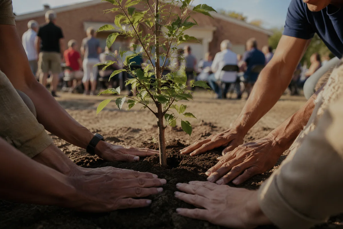 Community Hands Planting a Young Tree