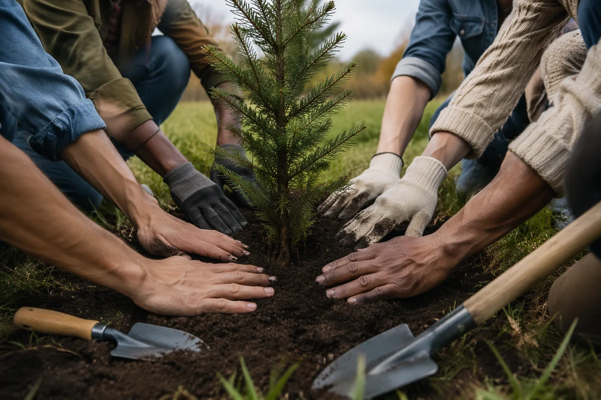 Community Hands Planting Evergreen Sapling Together