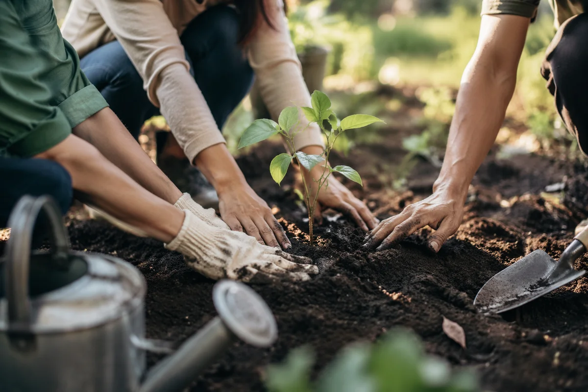 Hands Planting Sapling in Community Garden