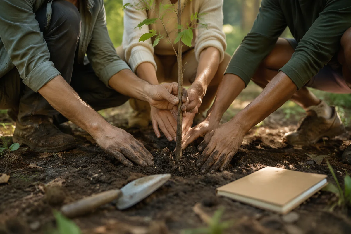 Community Hands Planting Young Sapling Together