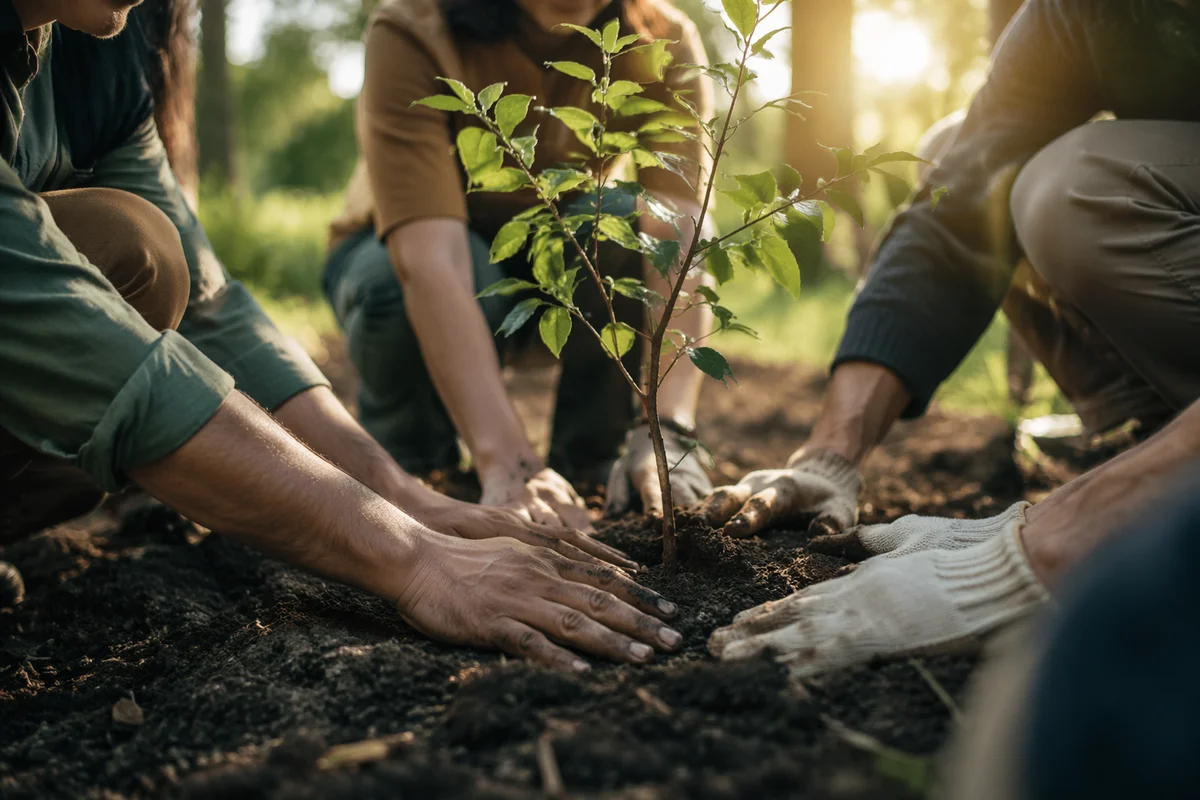 Hands Planting a Sapling in Community Garden